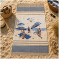 Asciugamano mare con stampa vintage spiaggia, righe blu e beige, ideale per vacanze estive e home decor shabby chic