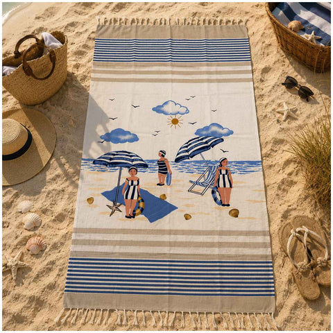 Asciugamano mare con stampa vintage spiaggia, righe blu e beige, ideale per vacanze estive e home decor shabby chic