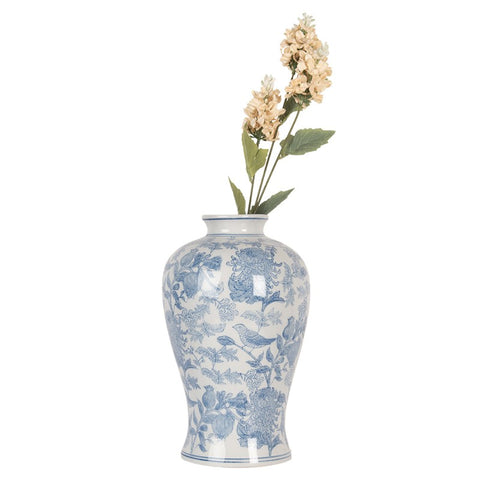 Clayre & Eef Vaso portafiori in ceramica Bianco/Blu Uccellini D17xH32 cm