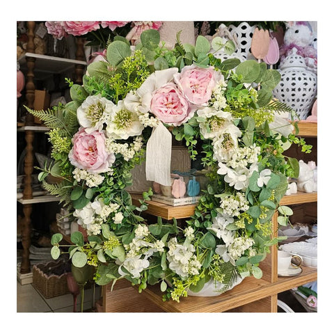 Fiori di lena Ghirlanda Fuoriporta artigianale con peonie e anemone D70x10 cm