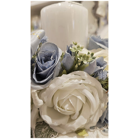 Mata Creazioni Girocandle with bow and cream roses, light blue D16xH7 cm