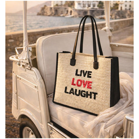 Henriette Borsa da mare + pochette "Live, Love, Laught" in paglia 40x34x16 cm