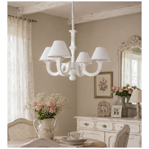 Coccole di Casa Lampadario 4 luci in legno bianco decapato con paralumi "Gloria" D59xH55 cm