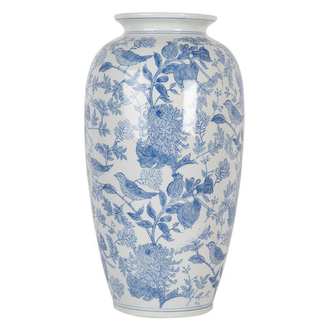 Clayre & Eef Vaso portafiori in ceramica Bianco/Blu Uccellini D17xH37 cm