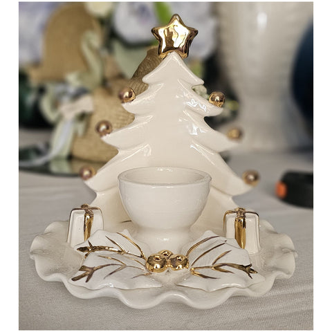 Bougeoir sapin de Noël Collection Ad Rem en porcelaine blanc/or H15xP16 cm