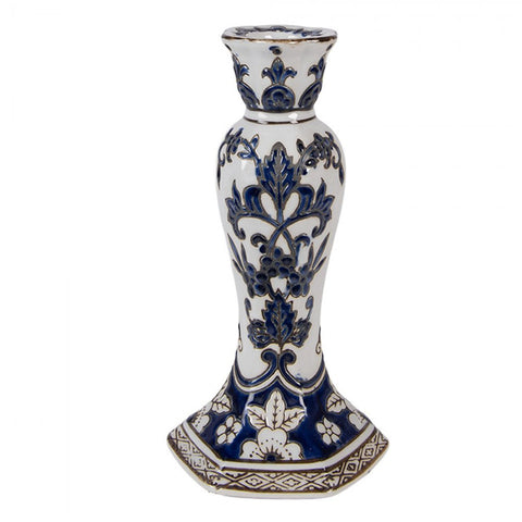 Clayre & Eef Candelabro in porcellana bianco con decori blu Ø11x21 cm
