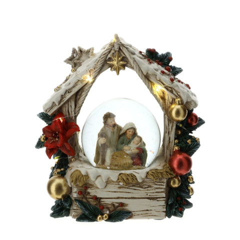 Boule d'eau/neige Hervit Nativité Sainte Famille lumières LED 14x15 cm