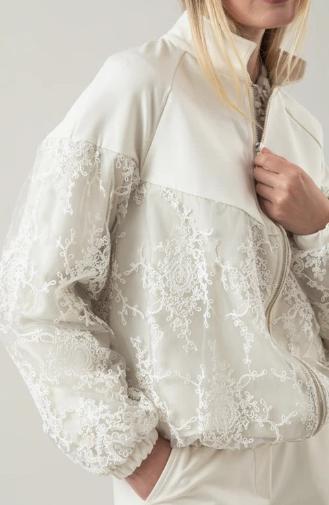 CHEZ MOI Bomber da donna in viscosa e pizzo Corinzio, Made in Italy "Muse"