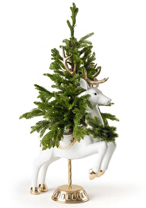 Fiori di Lena Renna di natale in resina bianca/oro con albero luci led H85 cm