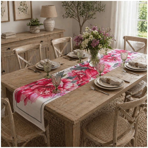 Clodette Runner in cotone con Peonie effetto acquerello "Bloom" 150x44 cm