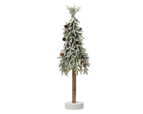 Mini albero di abete allegro e innevato con pigne da interno