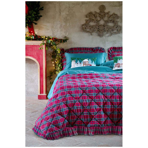 Blanc Mariclò Christmas double quilt in Scottish tartan with ruffles 260x260 cm
