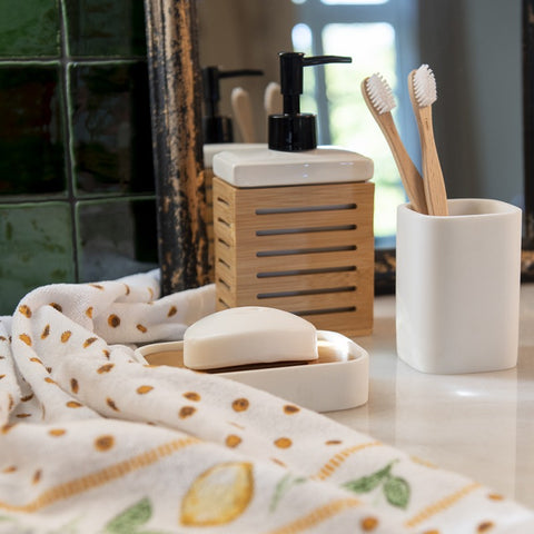 Clayre & Eef Porta Spazzolini da bagno in ceramica bianco 7x7xH10 cm