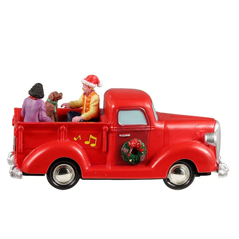 LEMAX Red pickup truck "Jolly Joyride Carols" in plastic H5.2 x 10.5 x 4.2 cm