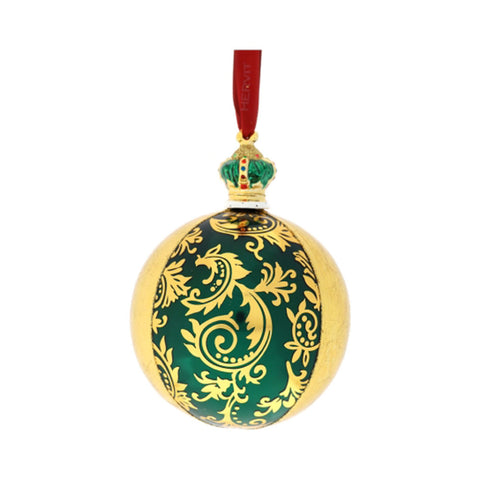 Hervit Green/Gold Glass Christmas Ball "Crown" D10 cm