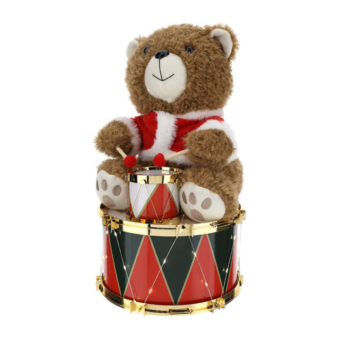 Hervit Christmas plush bear on drum with LED fabric and metal 24xH40 cm