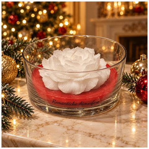 Cereria Parma Cilindro grande Candela Camelia di Natale brinato D18.5xH9 cm 2 varianti(1 unità)
