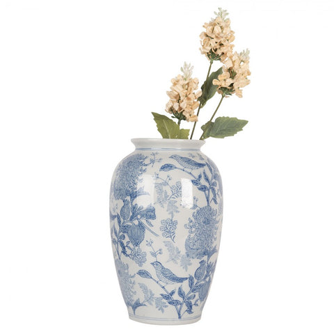 Clayre & Eef Vaso portafiori in ceramica Bianco/Blu Uccellini D17xH27 cm