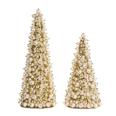 GOODWILL Lot de deux sapins de Noël dorés avec perles H25 cm