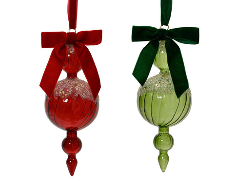 Ornamento in vetro lucido con nervature glitterate, fiocco 2col ass