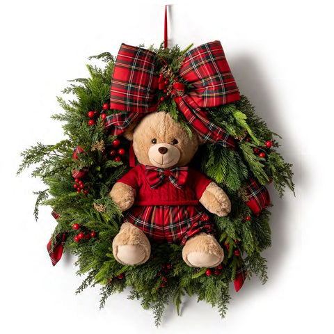 Fiori di Lena Fuoriporta Ghirlanda di Natale Orso Teddy e Fiocco Tartan D45 cm