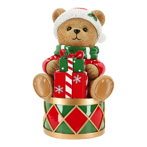 TIMSTOR Statuina orso su tamburo con regali decoro natalizio poliresina 18.5x19.5x31.5 cm
