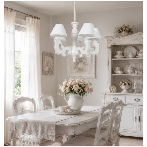 Coccole di Casa Lampadario 5 luci in legno bianco decapato con paralumi "Aida" D59xH48 cm