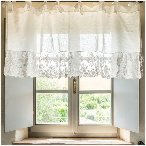 Chez Moi Valance Drawstring in natural linen and "Flora" lace, Made in Italy L160xH60 cm