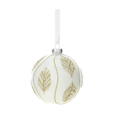 Hervit White Glass Sphere with Glitter Leaves D10 cm