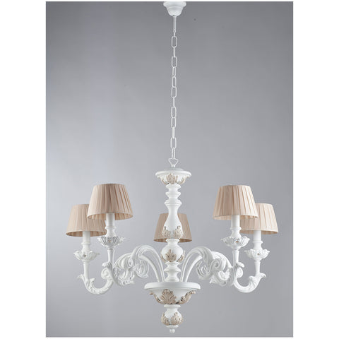 Brulamp Lustre 5 lumières en bois shabby chic blanc/gris tourterelle E14 D50xH117 cm