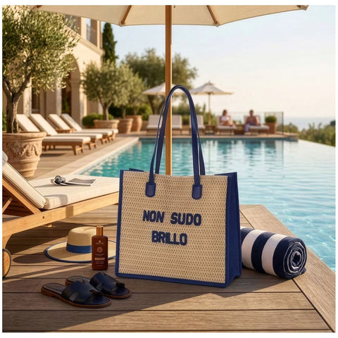 Henriette Borsa da mare + pochette "Non Sudo Brillo" in paglia 40x34x16 cm