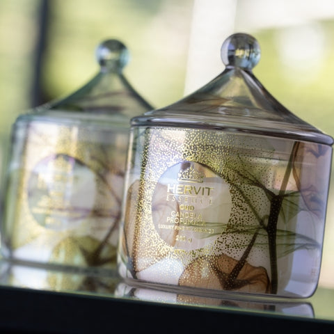 Hervit Candela Alkekengi in vetro ambra Profumazione Oud D9.5xH12 cm