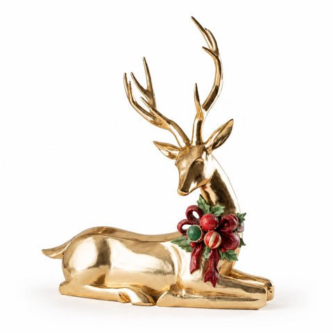 Fiori di Lena Statuetta Renna di natale seduta in resina oro con fiocco H57.5 cm