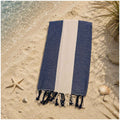 Asciugamano mare blu e beige con frange, stile shabby chic, ideale per spiaggia e home decor