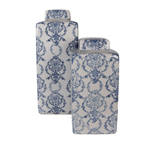 Clayre & Eef Vaso portafiori in ceramica Bianco/Blu con coperchio 16x16xH41 cm