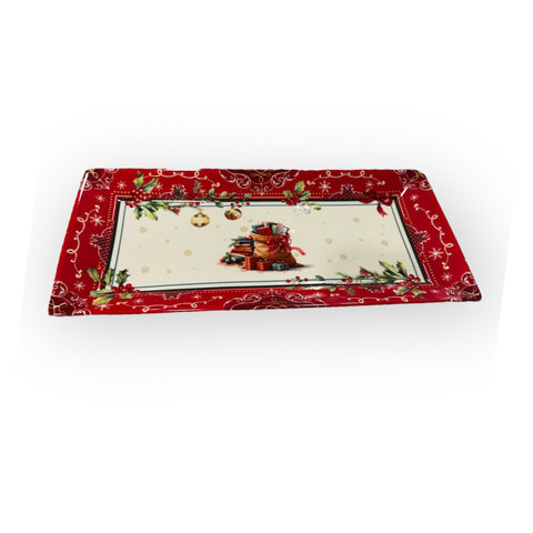 Plateau de Noël en porcelaine délavée « Cadeaux » L31,5x15,5 cm