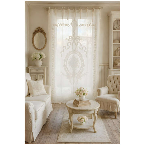 Mia per te Set 2 Tende in lino naturale ricamo floreale "Cassiopea" 145x290 cm