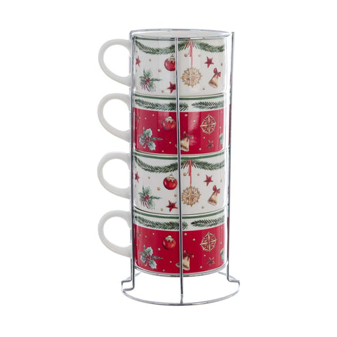 Blanc Mariclò Set de 4 tasses de Noël avec support "Hamamelide" 8x7x11 cm