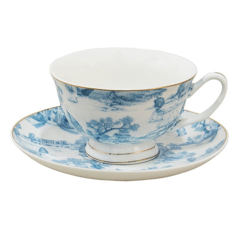 Clayre & Eef Set 2 Tazze da tè in porcellana bianco/blu con piattino "Toile de Jouy" 250 ml