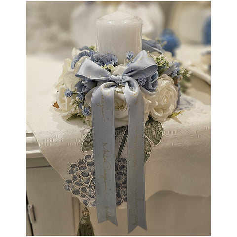 Mata Creazioni Girocandle avec noeud et roses crème, bleu clair D16xH7 cm