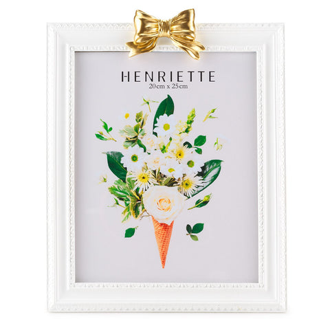 Henriette Cornice Bow Portafoto in resina bianco/oro con fiocco "Ostuni" 25,5x32 cm(20x25 cm) - Angelica Home Stabia