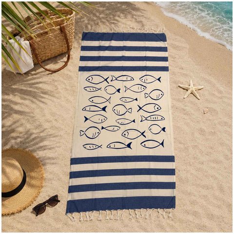 Asciugamano mare a righe blu e bianco con pesci, perfetto per spiaggia e vacanze estive
