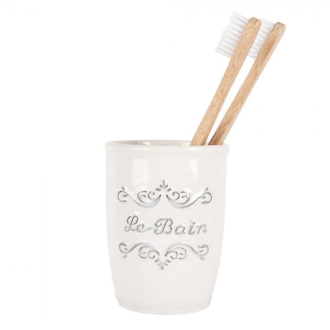 Clayre & Eef Porta Spazzolini da bagno in ceramica bianco Ø8x10 cm