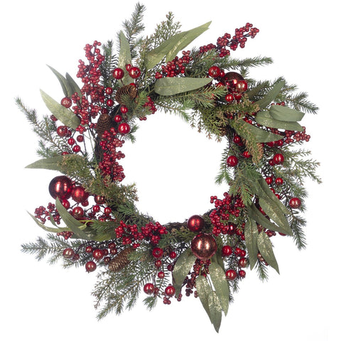 + PINE/BERRY/XMAS BALL WREATH GRN/RD 70CM