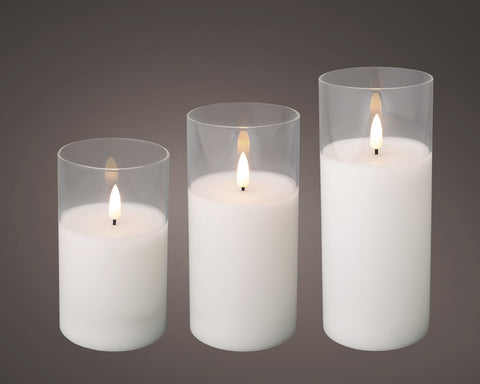Candela a LED con stoppino, cilindro di vetro, miscela stabile BO per interni