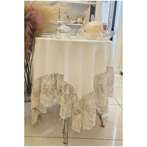 Chez Moi White linen tablecloth with pink lace "Provence" 140x140 cm