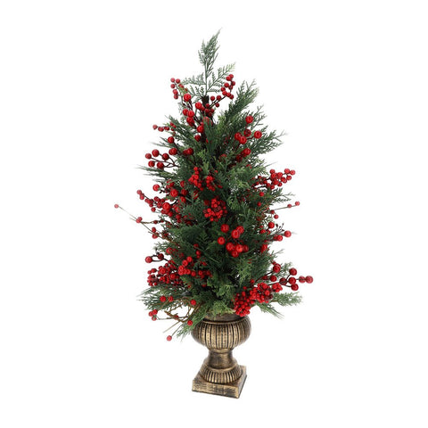 Hervit Albero di natale con bacche rosse pino sintetico con vaso oro H110 cm