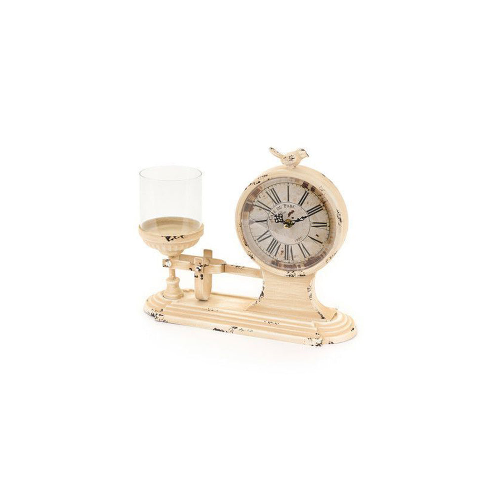 Orologio Da Tavolo Vintage Home Alina, Finitura Anticata Grigia, Stile Shabby Chic Francese, Altezza 22 Cm