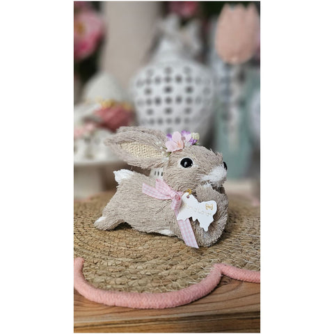 Fiori di Lena Coniglio di pasqua in paglia con fiori e fiocco 16x10 cm