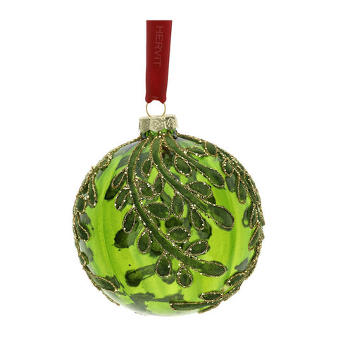 Hervit Blown Glass Christmas Tree Sphere with Leaf Design, Green, D10 cm